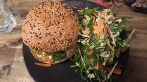 Sateh burger with salad at Gorilla Kitchen - Civic in Auckland