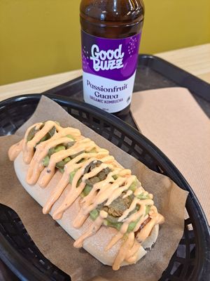 Loaded Tex-Mex hot dog (vegan) and passionfruit guava kombucha. at Gorilla Kitchen - Civic in Auckland