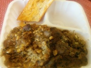 Vegan corn chowder & mushroom etoufee, with french bread, half n half at Easy Creole in Berkeley