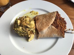 Half a bean tortilla wrap and the curried nut roast  at Silva in Eyjafjardarsveit