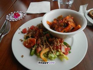 Vegan Italian vegetables with a very good salad (it had watermelon in it!) and raw dressing at Silva in Eyjafjardarsveit