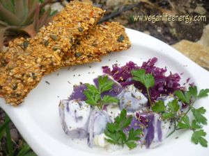 Ahimsa Live Flax Crackers with Purple Sweet Potato Salad at Vegan Life Energy - Beach Breaks in Denia