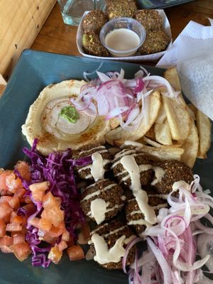 Falafel platter with helpings from salad bar at Falafel Bar in Manuel Antonio