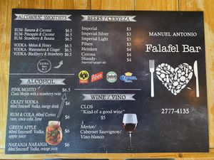 Alcohol menu at Falafel Bar in Manuel Antonio