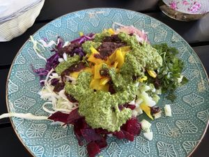 Salad plate (help yourself) at Falafel Bar in Manuel Antonio