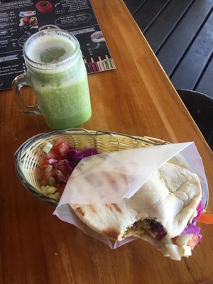 Pineapple mint smoothie and falafel sandwich  at Falafel Bar in Manuel Antonio