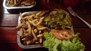 Crazy portion size. The burger is open here  at Brunch de Salento in Salento