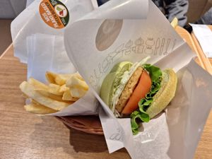 Green Burger and fries at Mos Burger - Kappabashi in Tokyo