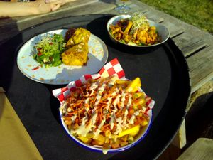 Delicious bobotie, chakalaka salad, and fries loaded with chickpea stew at Noorderlicht in Amsterdam
