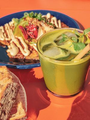 Japan-inspired menu with an amazing okonomiyaki, and a matcha mint and lemon iced tea, the 18th of July 2025. at Cornershop  in Johanneshov