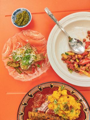 Dhokla (mung bean cakes) / Kachumbar (black chickpeas salad) / Thepla (flatbread) / Daal Bhaat (pea soup) by Curious People (Gujarati Home Cooking), 11th of July, 2025. at Cornershop  in Johanneshov