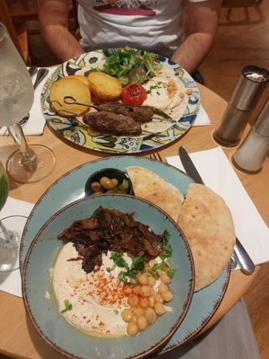 Has many vegan options and also meat. (Closest to the camera was mushroom and humus other was meat). Very friendly staff and had good cocktails. Meal was around £10 at Turquoise in Prague
