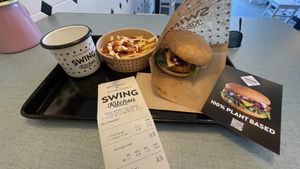 Pink Burger and Classic Fries  at Swing Kitchen in Zurich