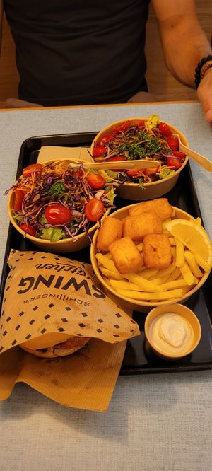 2× Garden Salad, Vish & Chips, Pink Burger at Swing Kitchen in Zurich