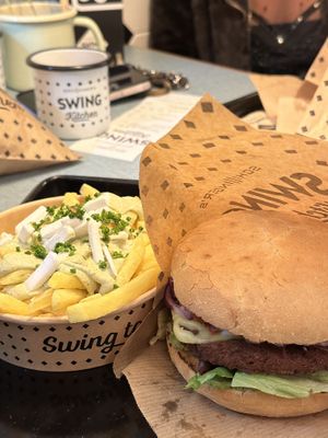 cheeseburger + greek fries   at Swing Kitchen in Zurich