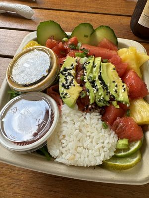 Poke bowl with marinated watermelon   at Eduardos Reef in Oranjestad