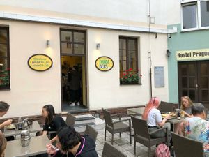 The seating outside, my daughters are enjoying their dishes( the two, one with pink hair, you can't miss her :)) at Dhaba Beas - Tynska in Prague