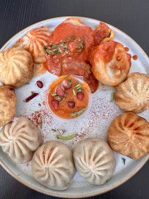 Vegan momo platter (boiled, fried and chilli)   at Momos in Liverpool