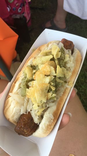 NY Dawg. Sauerkraut, relish, chips. Hit the spot!!  at Yeah Dawg - Food Cart in Brooklyn
