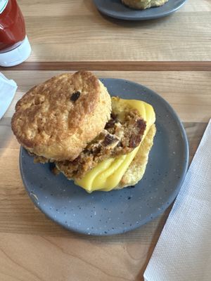 Sausage, egg and cheese on a biscuit   at Bearcat Baked in New Orleans