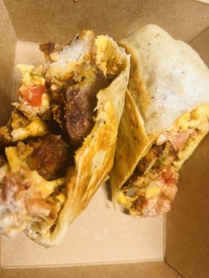 Breakfast burrito w/ just egg, sausage that seemed more like soy chorizo, and vegan provolone.!  at Bearcat Baked in New Orleans