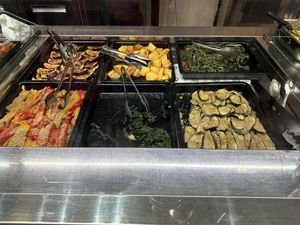 Grilled aubergines, roasted potatoes, pan-fried spinach & chicory, gratin peppers & courgettes   at BONA in Rome