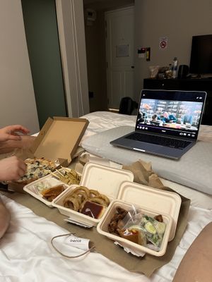 Left to right: Mushroom spinach pizza, satay, onion rings, lions mane  at Mercy Republic in Bangkok