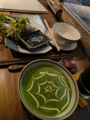 Green soup and spring rolls at Dana Vegan House in Hanoi