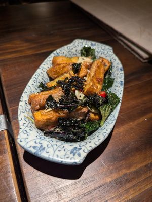 Fried Spring Eggplant with Lalot leaves at Dana Vegan House in Hanoi