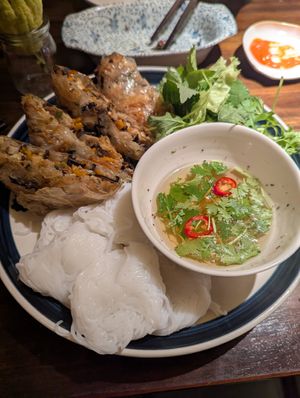 Bánh Chưng Spring Rolls with Tú Kì noodles at Dana Vegan House in Hanoi