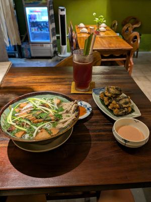 Pho, Kombucha and Fried oyster mushrooms wrapped in seaweed at Dana Vegan House in Hanoi