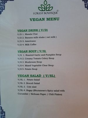 Vegan menu at Forest Boutique in Thimphu