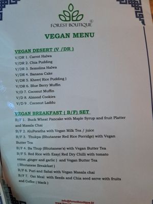 Vegan menu at Forest Boutique in Thimphu