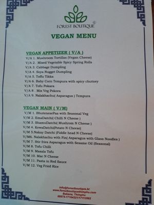 Vegan menu at Forest Boutique in Thimphu