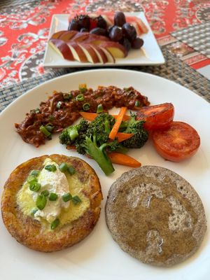 Chilli, veggies and pancakes at Forest Boutique in Thimphu