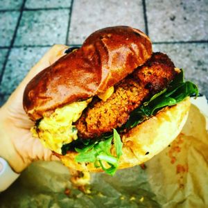 vegan spicy beast mode burger with Mac and cheese at The Cinnamon Snail in New York City