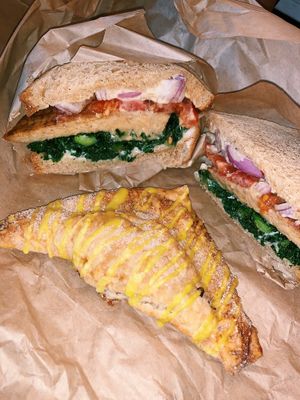 Maple glazed tempeh sandwich and a lavender pear turnover  at The Cinnamon Snail in New York City