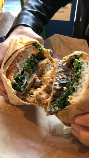 Tasty, messy, burger  at The Cinnamon Snail in New York City