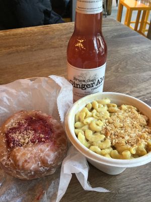 Mac n cheese and a donut with kombucha  at The Cinnamon Snail in New York City