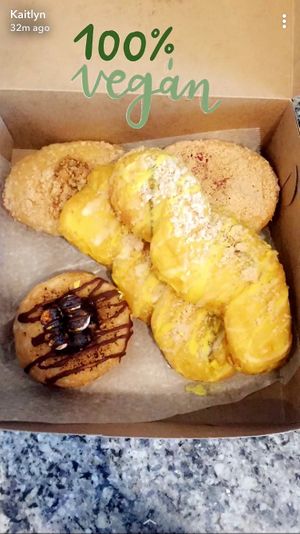 Apple crumb donut, raspberry cheesecake donut, s’mores donut, and 2 lemon twists  at The Cinnamon Snail in New York City
