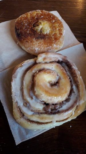 Cinnamon roll and Creme brulé donut at The Cinnamon Snail in New York City