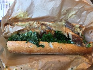 Cheesy portobello steak baguette at The Cinnamon Snail in New York City