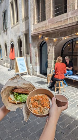 Greque sandwich, Tartine tofu, and chocolate mousse at Bio Fred in Geneva