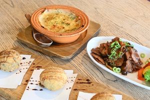 Vegan rice flour gratin, vegan soy meat slices with lemon ginger sauce, and vegan croquettes at Komedoko Shokudo - こめどこ食堂 in Hiroshima