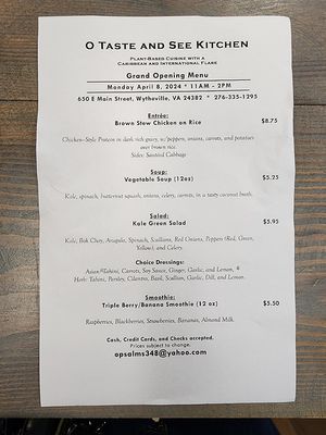 Menú  at O Taste and See in Wytheville