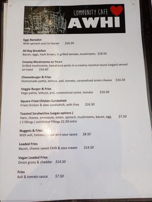 Here is the menu, plus all the delicious cabinet food. at Awhi Community Cafe in Palmerston North