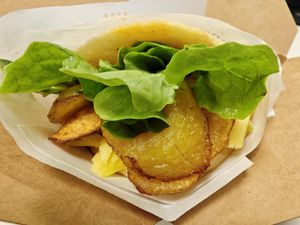 Vegan burger with bananes plantains at Arepa's Factory in Brussels