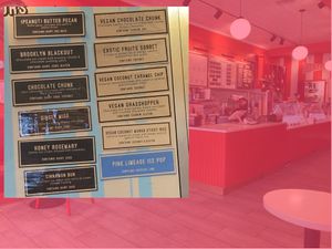 Wall menu, superposed over view of inside; the six flavors listed on the right are all vegan.  at OddFellows  in New York City