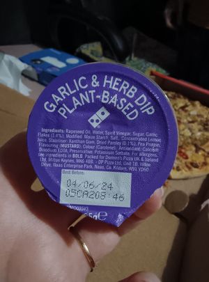 Vegan garlic and herb dip at Domino's Pizza in Castlebar
