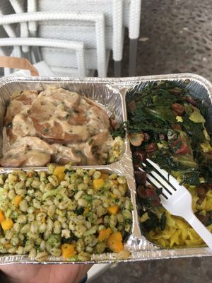 Seitan and mushroom scalopine, oro sweet potato and broccoli salad, cabbage salad and spinach and chard. So good!  at Piu Gusto Bio - Maybe closed in Verona